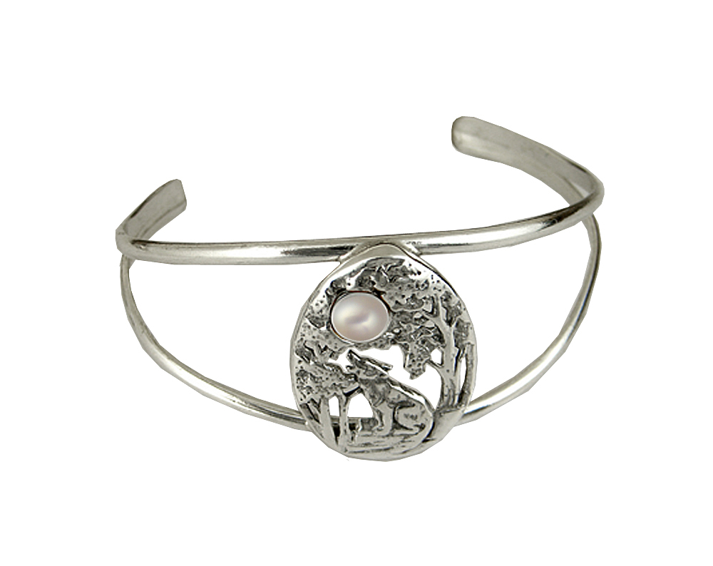 Sterling Silver Howling Wolf Cuff Bracelet With Cultured Freshwater Pearl